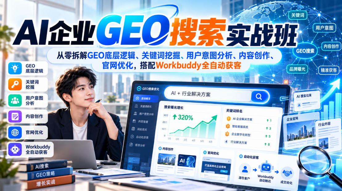 AI企业GEO搜索实战班，从零拆解GEO底层逻辑、关键词挖掘、用户意图分析、内容创作、官网优化，搭配Workbuddy全自动获客-HEIXMI（中国站）