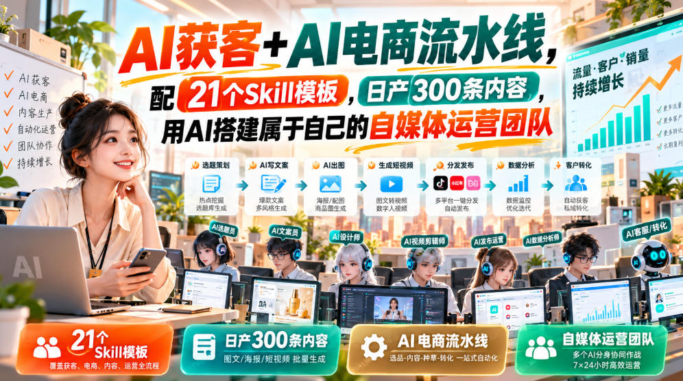 AI获客+AI电商流水线，配21个Skill模板，日产300条内容，用AI搭建属于自己的自媒体运营团队-HEIXMI（中国站）
