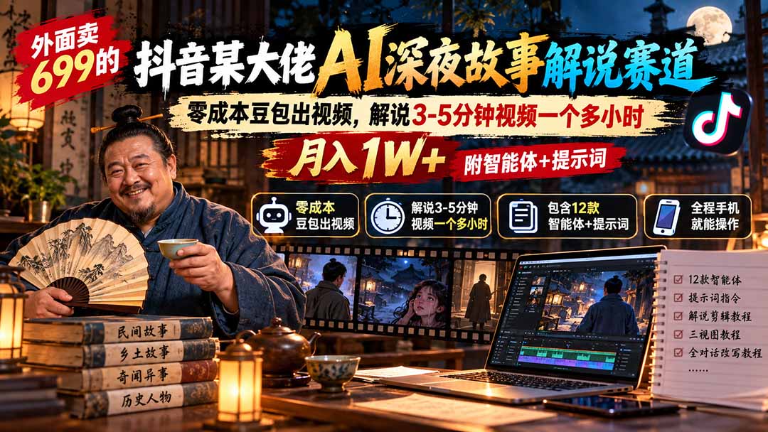 外面卖699的抖音某大佬AI深夜故事解说赛道：零成本豆包出视频，解说3-5分钟视频一个多小时，月入1W+附智能体+提示词-HEIXMI（中国站）
