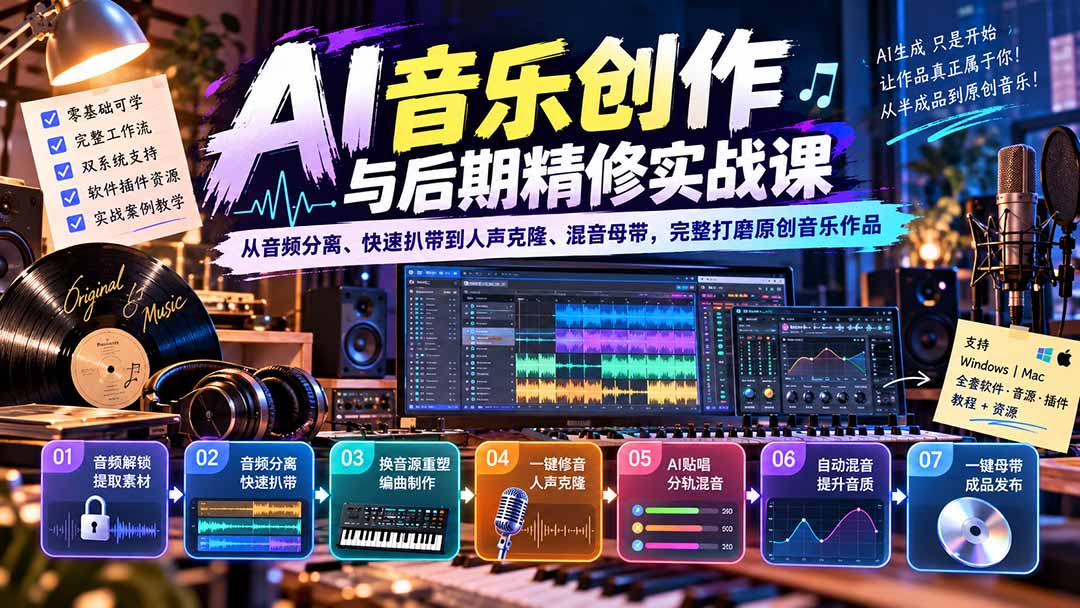 AI音乐创作与后期精修实战课：从音频分离、快速扒带到人声克隆、混音母带，完整打磨原创音乐作品-HEIXMI（中国站）