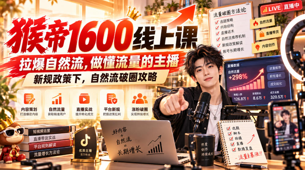 猴帝1600线上课，拉爆自然流，做懂流量的主播，新规政策下，自然流破圈攻略【更新260926】-HEIXMI（中国站）