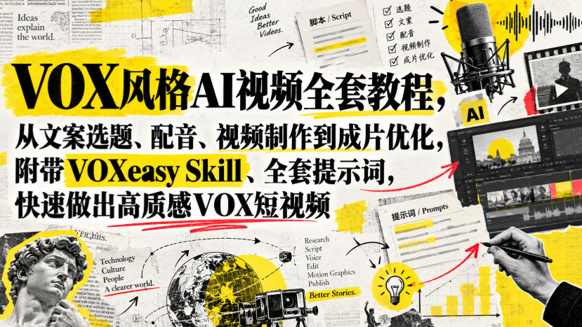 VOX风格AI视频全套教程，从文案选题、配音、视频制作到成片优化，附带VOXeasy Skill、全套提示词，快速做出高质感VOX短视频-HEIXMI（中国站）