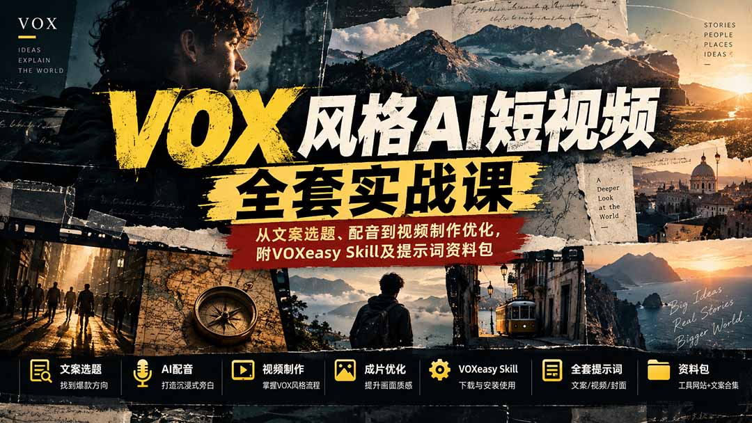 【无水印】VOX风格AI短视频全套实战课：从文案选题、配音到视频制作优化，附VOXeasy Skill及提示词资料包-HEIXMI（中国站）