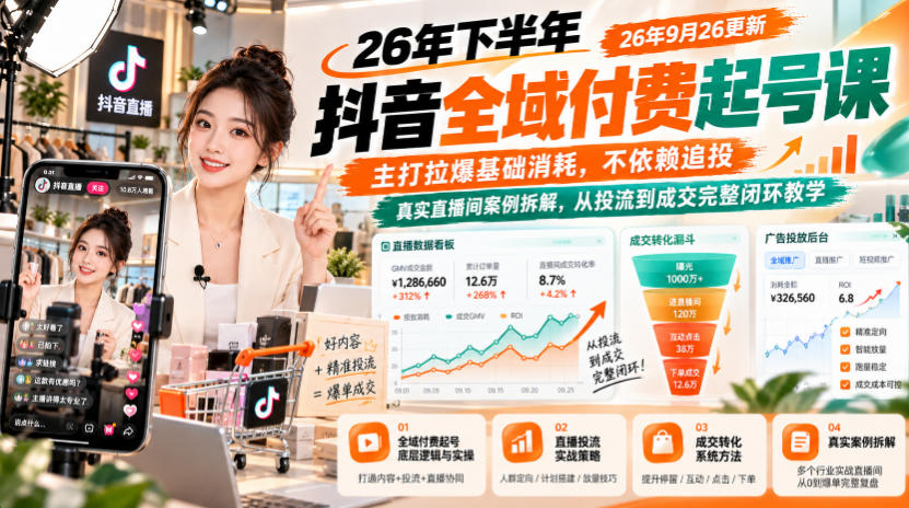 26年下半年抖音全域付费起号课26年9月26更新，主打拉爆基础消耗，不依赖追投，真实直播间案例拆解，从投流到成交完整闭环教学-HEIXMI（中国站）