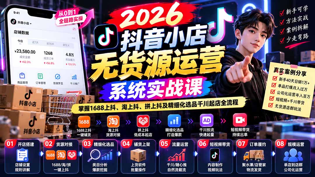 【无水印】2026抖音小店无货源运营系统实战课：掌握1688上抖、淘上抖、拼上抖及精细化选品千川起店全流程-HEIXMI（中国站）