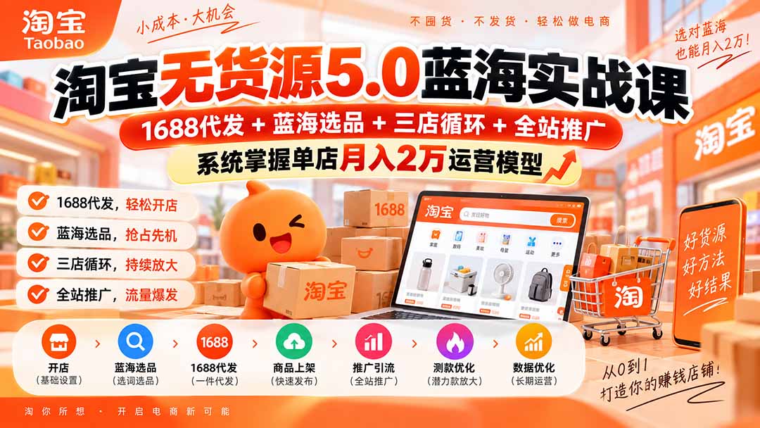 淘宝无货源5.0蓝海实战课-更新0927：1688代发+蓝海选品+三店循环+全站推广，系统掌握单店月入2万运营模型-HEIXMI（中国站）