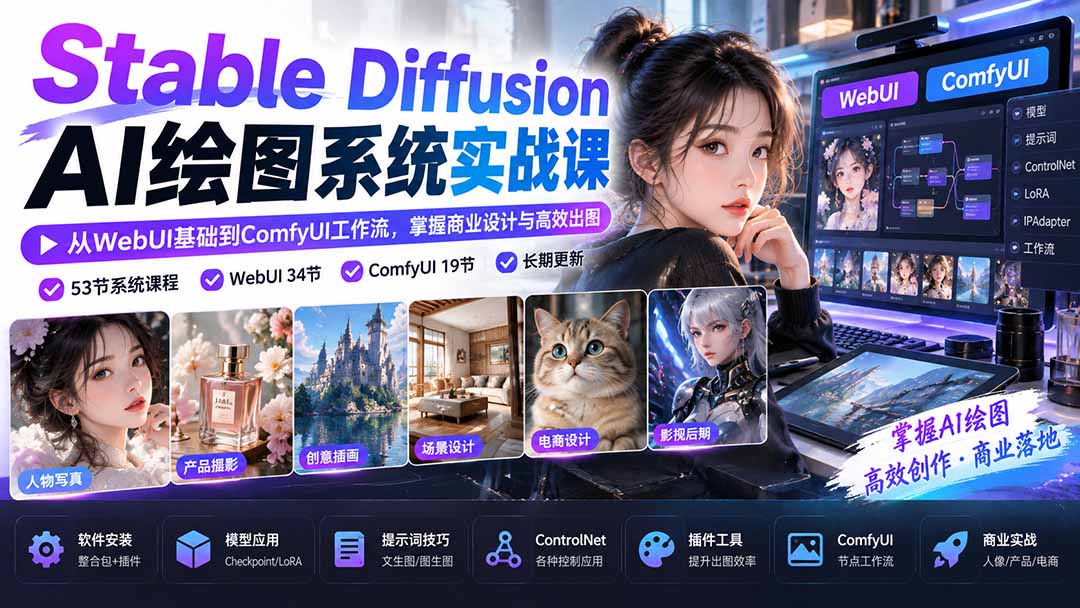 【无水印】Stable Diffusion AI绘图系统实战课：从WebUI基础到ComfyUI工作流，掌握商业设计与高效出图-HEIXMI（中国站）