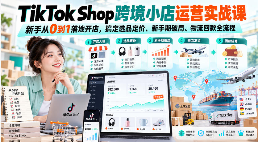 TikTok Shop跨境小店运营实战课，新手从0到1落地开店，搞定选品定价、新手期破局、物流回款全流程-HEIXMI（中国站）