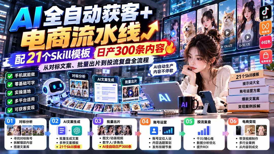 【无水印】AI全自动获客+电商流水线：配21个Skill模板，日产300条内容，从对标文案、批量出片到投流复盘全流程-HEIXMI（中国站）