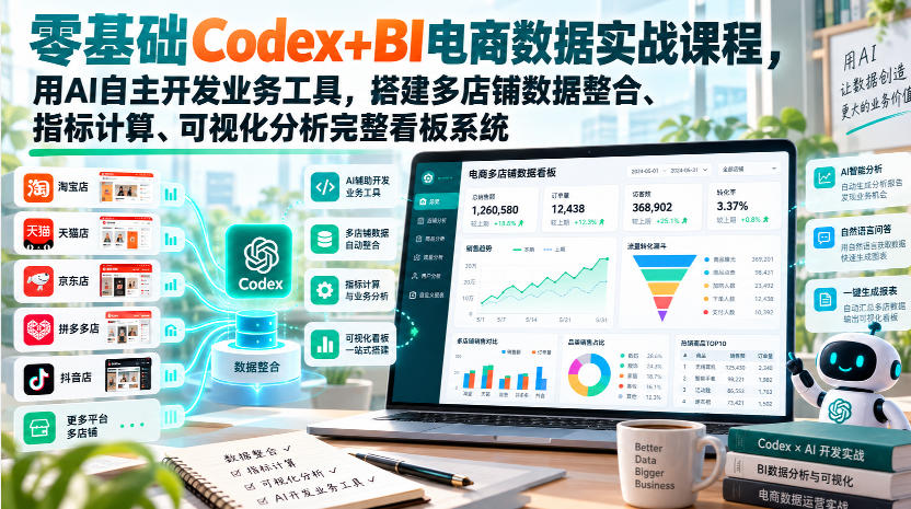 零基础Codex+BI电商数据实战课程，用AI自主开发业务工具，搭建多店铺数据整合、指标计算、可视化分析完整看板系统-HEIXMI（中国站）