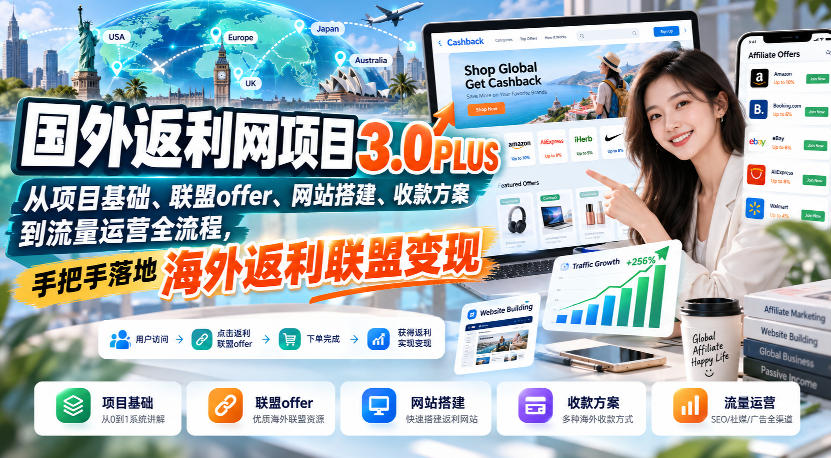 国外返利网项目3.0PLUS，从项目基础、联盟offer、网站搭建、收款方案到流量运营全流程，手把手落地海外返利联盟变现-HEIXMI（中国站）