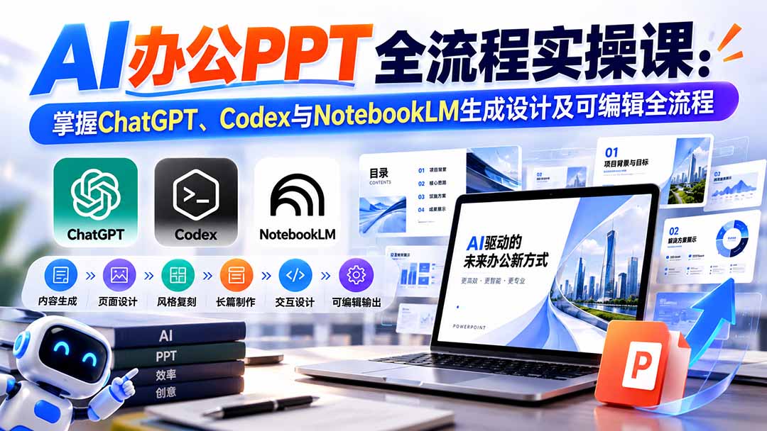【无水印】AI办公PPT全流程实操课： 掌握ChatGPT、Codex与NotebookLM生成设计及可编辑全流程-HEIXMI（中国站）