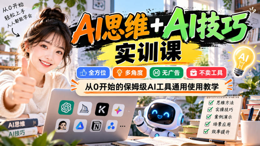 【无水印】AI思维+AI技巧实训课，全方位、多角度、无广告、不卖工具，从0开始的保姆级AI工具通用使用教学-HEIXMI（中国站）