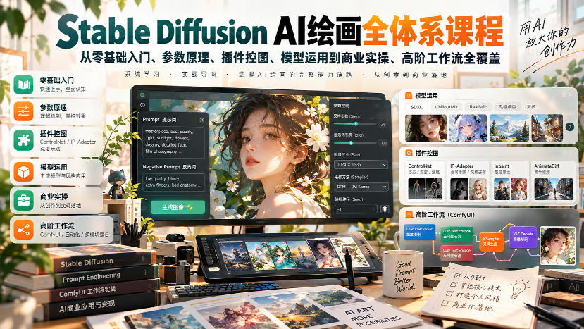 【无水印】Stable Diffusion AI绘画全体系课程，从零基础入门、参数原理、插件控图、模型运用到商业实操、高阶工作流全覆盖-HEIXMI（中国站）