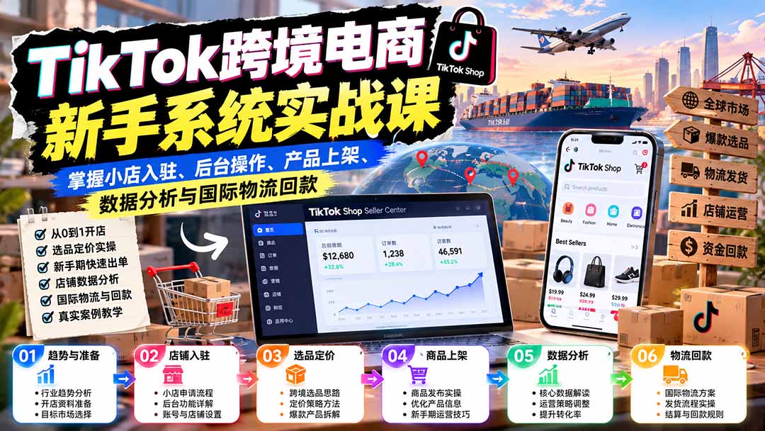 TikTok跨境电商新手系统实战课：掌握小店入驻、后台操作、产品上架、数据分析与国际物流回款-HEIXMI（中国站）