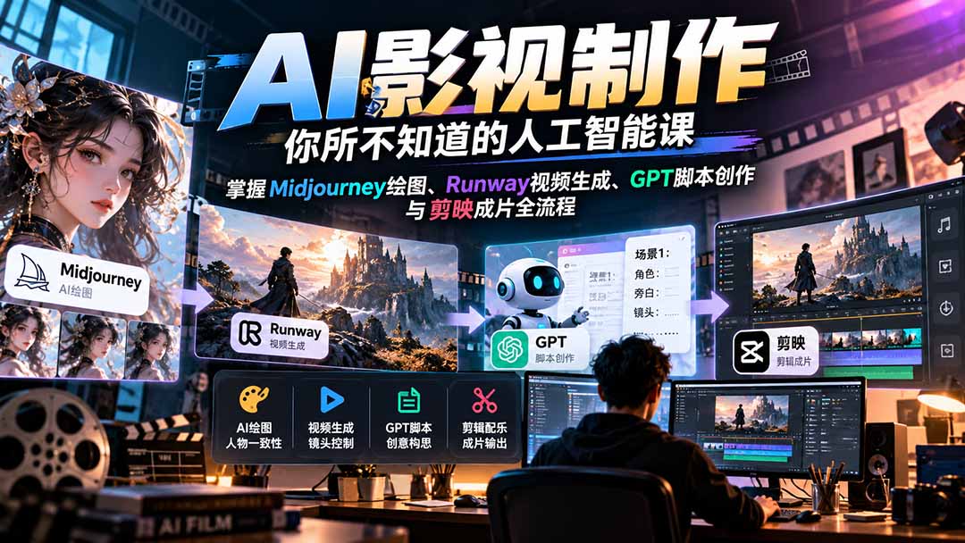 【无水印】AI影视制作-你所不知道的人工智能课，掌握Midjourney绘图、Runway视频生成、GPT脚本创作与剪映成片全流程-HEIXMI（中国站）
