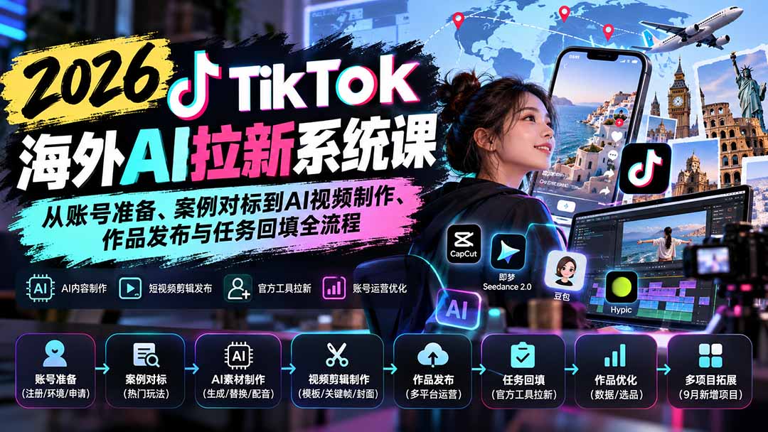 【无水印】2026 TikTok海外AI拉新系统课：从账号准备、案例对标到AI视频制作、作品发布与任务回填全流程-HEIXMI（中国站）