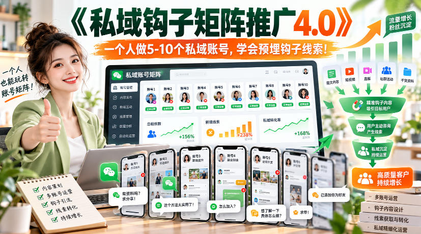 【无水印】《私域钩子矩阵推广4.0》一个人做5-10个私域账号，学会预埋钩子线索！-HEIXMI（中国站）