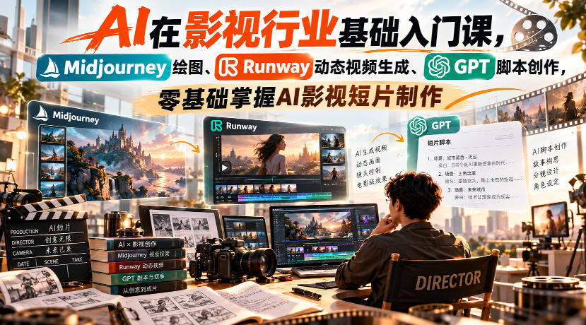 【无水印】AI在影视行业基础入门课，Midjourney绘图、Runway动态视频生成、GPT脚本创作，零基础掌握AI影视短片制作-HEIXMI（中国站）