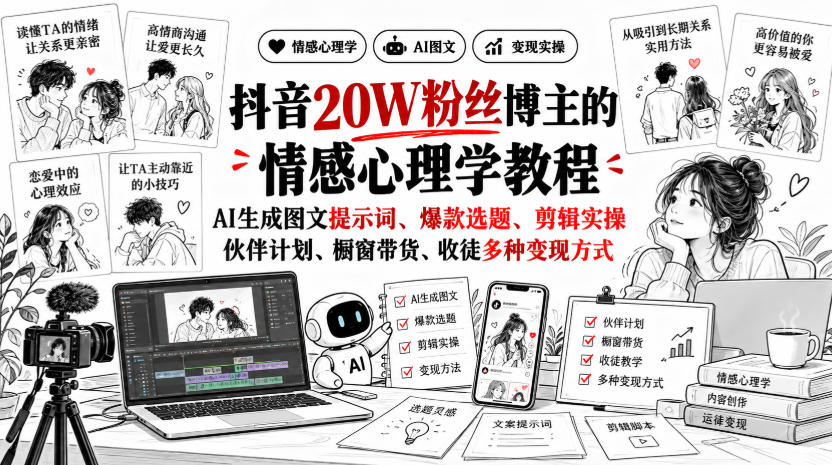 抖音20W粉丝博主静候心声的情感心理学教程，AI生成图文提示词、爆款选题、剪辑实操，伙伴计划、橱窗带货、收徒多种变现方式-HEIXMI（中国站）