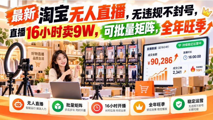 最新淘宝无人直播，无违规不封号，直播16小时卖9W，可批量矩阵，全年旺季【揭秘】-HEIXMI（中国站）