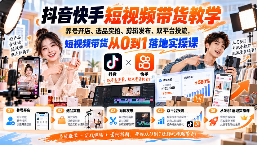 抖音快手短视频带货教学｜养号开店、选品实拍、剪辑发布、双平台投流，短视频带货从0到1落地实操课-HEIXMI（中国站）