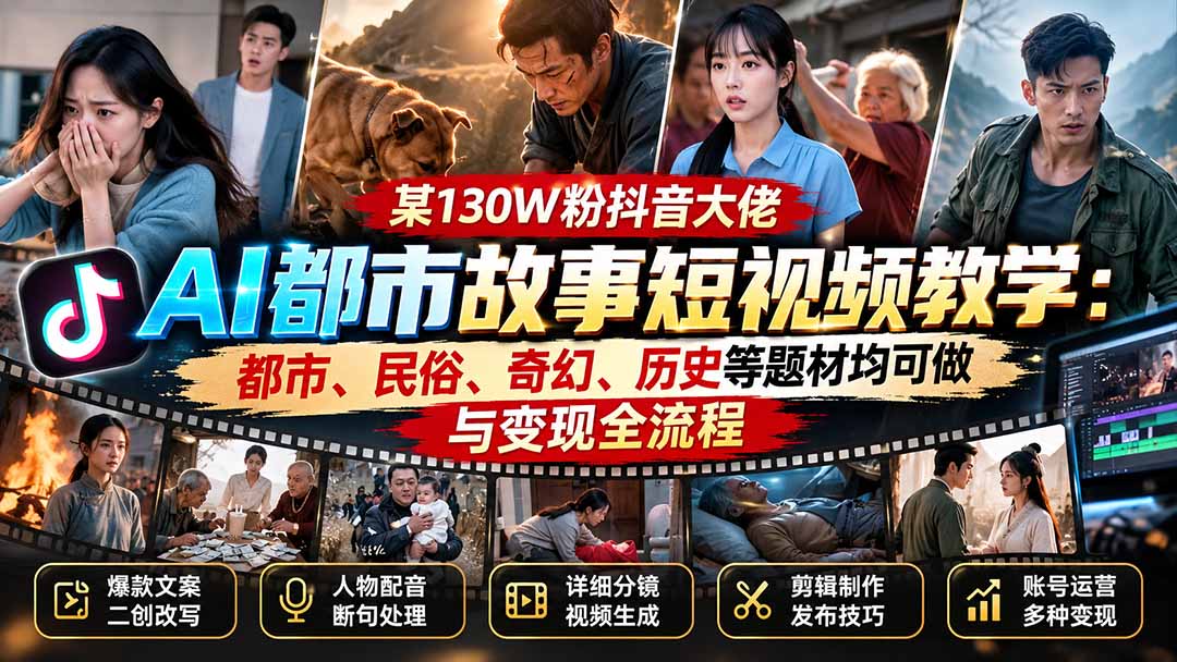 某130W粉抖音大佬AI都市故事短视频教学：都市、民俗、奇幻、历史等题材均可做与变现全流程-HEIXMI（中国站）