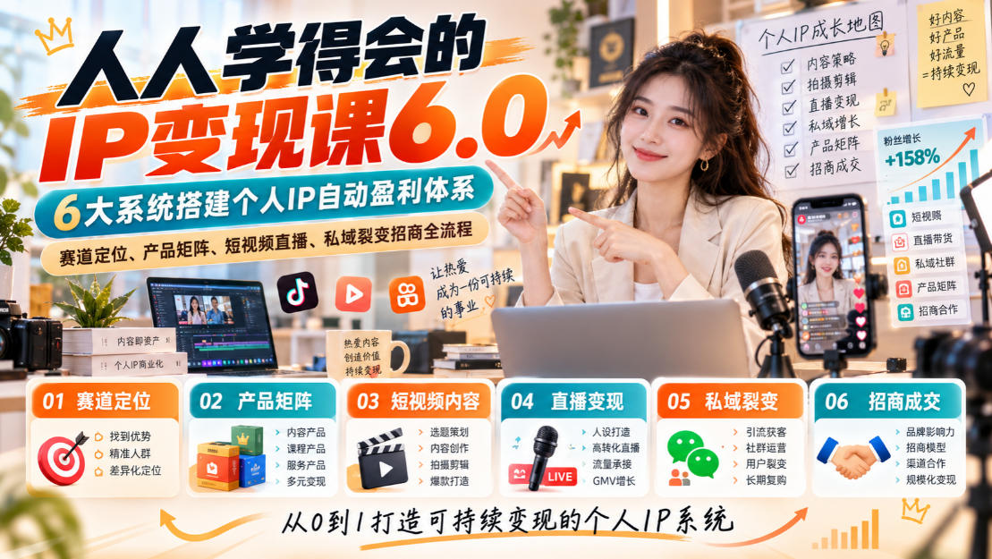 人人学得会的IP变现课6.0，6大系统搭建个人IP自动盈利体系，赛道定位、产品矩阵、短视频直播、私域裂变招商全流程-HEIXMI（中国站）