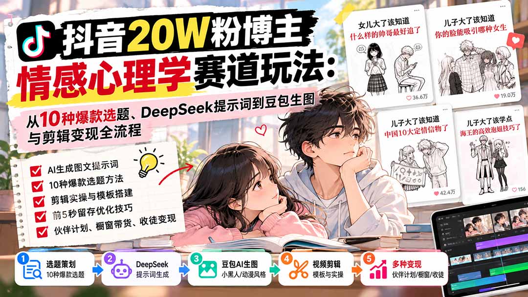 抖音20W粉博主-情感心理学赛道玩法：从10种爆款选题、DeepSeek提示词到豆包生图与剪辑变现全流程-HEIXMI（中国站）