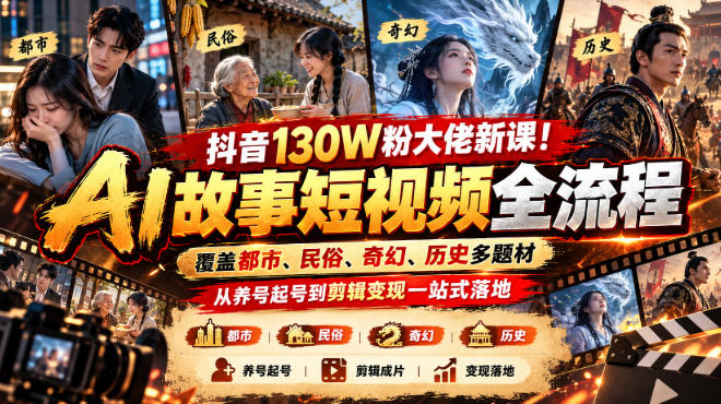 抖音130W粉大佬新课！AI故事短视频全流程，覆盖都市、民俗、奇幻、历史多题材，从养号起号到剪辑变现一站式落地-HEIXMI（中国站）