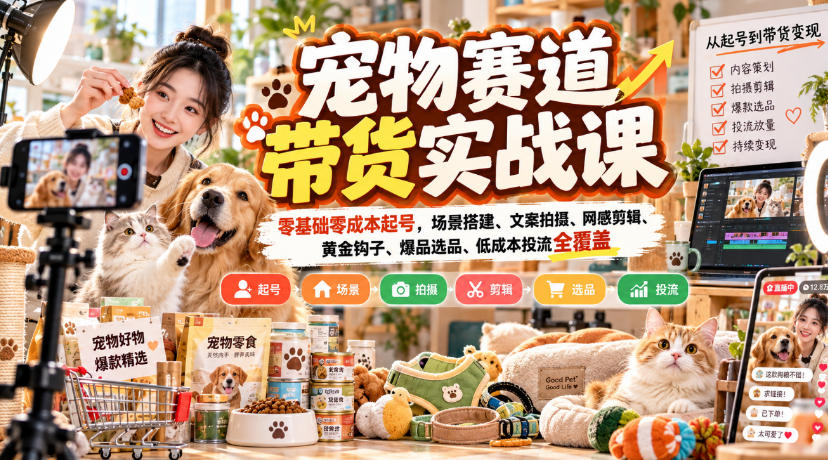 宠物赛道带货实战课，零基础零成本起号，场景搭建、文案拍摄、网感剪辑、黄金钩子、爆品选品、低成本投流全覆盖-HEIXMI（中国站）