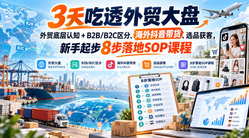 3天吃透外贸大盘，外贸底层认知+B2B/B2C区分、海外抖音带货、选品获客，新手起步8步落地SOP课程-HEIXMI（中国站）