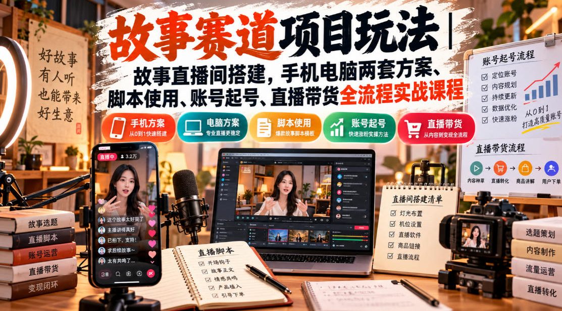 故事赛道项目玩法｜故事直播间搭建，手机电脑两套方案、脚本使用、账号起号、直播带货全流程实战课程-HEIXMI（中国站）