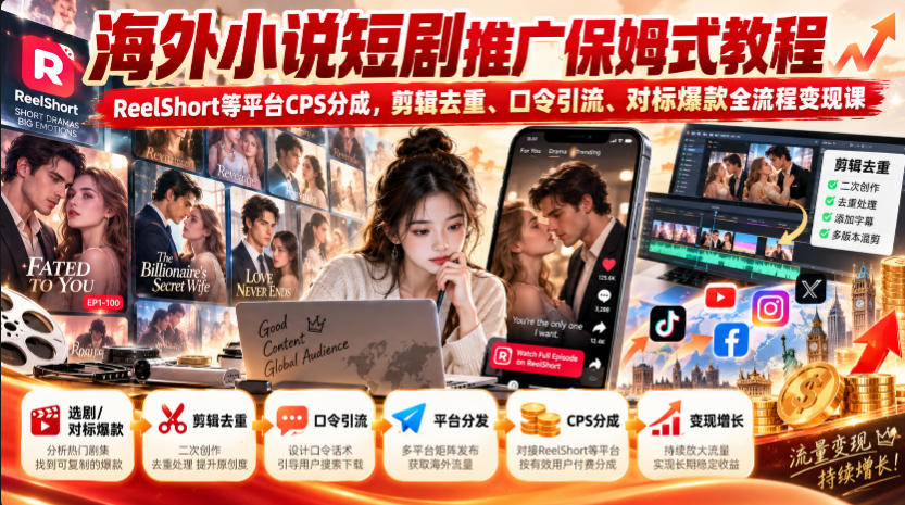 海外小说短剧推广保姆式教程｜ReelShort等平台CPS分成，剪辑去重、口令引流、对标爆款全流程变现课-HEIXMI（中国站）