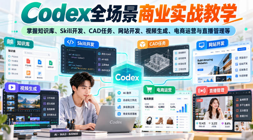 【无水印】Codex全场景商业实战教学，掌握知识库、Skill开发、CAD任务、网站开发、视频生成、电商运营与直播管理等-HEIXMI（中国站）
