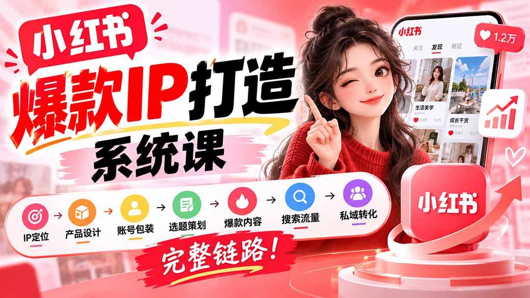 【无水印】小红书爆款IP打造课：IP定位→产品设计→账号包装→选题策划→爆款内容→搜索流量→私域转化，完整链路-HEIXMI（中国站）