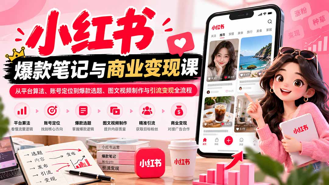2026小红书爆款笔记与商业变现课：从平台算法、账号定位到爆款选题、图文视频制作与引流变现全流程-HEIXMI（中国站）