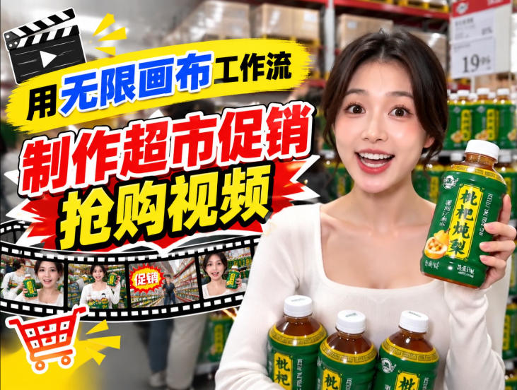 无限画布超市促销抢购视频工作流，一键产出TikTok抖音带货短视频-HEIXMI（中国站）