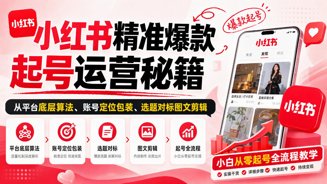 小红书精准爆款起号运营秘籍，从平台底层算法、账号定位包装、选题对标图文剪辑，小白从零起号全流程-HEIXMI（中国站）