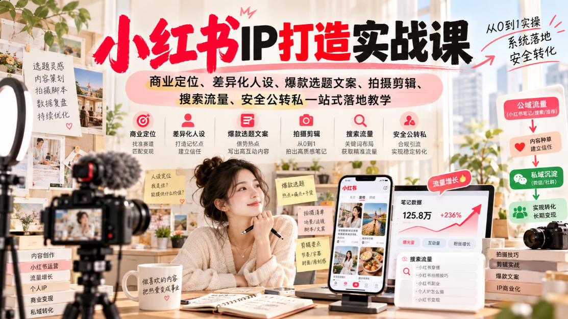 小红书ip打造实战课，商业定位、差异化人设、爆款选题文案、拍摄剪辑、搜索流量、安全公转私一站式落地教学-HEIXMI（中国站）