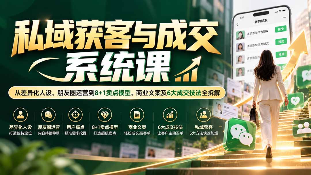 私域获客与成交系统课：从差异化人设、朋友圈运营到8+1卖点模型、商业文案及6大成交技法全拆解-HEIXMI（中国站）