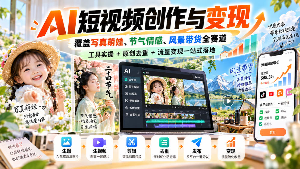 AI短视频创作与变现，覆盖写真萌娃、节气情感、风景带货全赛道，工具实操+原创去重+流量变现一站式落地-HEIXMI（中国站）