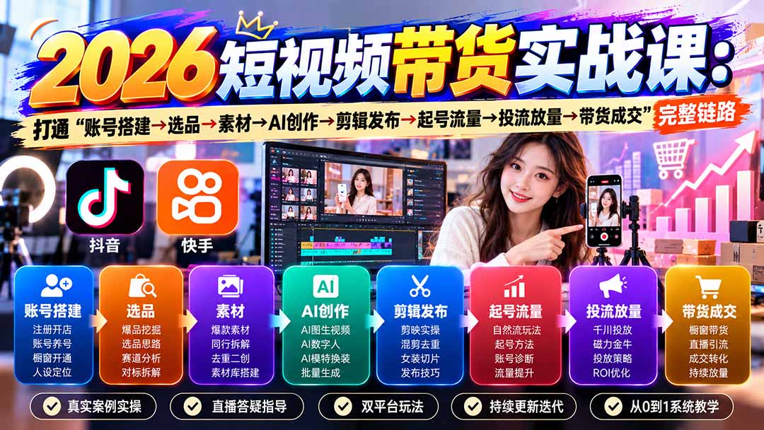 2026短视频带货实战课9月：打通“账号搭建→选品→素材→AI创作→剪辑发布→起号流量→投流放量→带货成交”完整链路-HEIXMI（中国站）