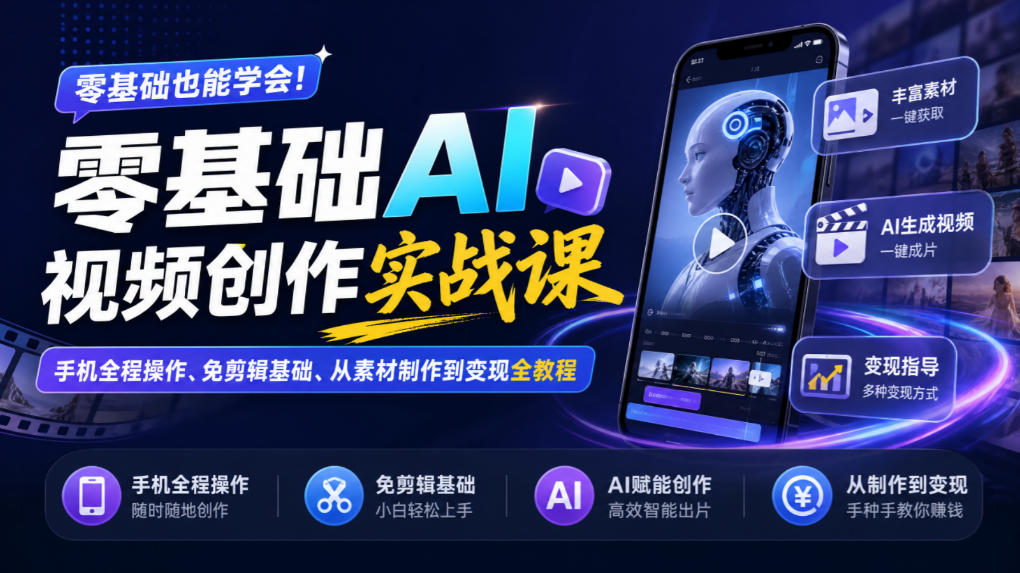 零基础AI视频创作实战课｜手机全程操作、免剪辑基础、从素材制作到变现全教程​-HEIXMI（中国站）
