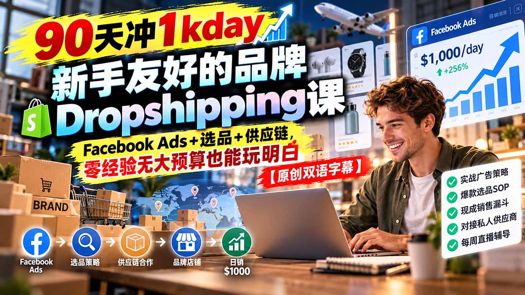 90天冲1kday 新手友好的品牌Dropshipping课：Facebook Ads+选品+供应链，零经验无大预算也能玩明白【原创双语字幕】-HEIXMI（中国站）