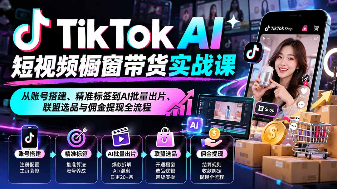 TikTok AI短视频橱窗带货实战课：从账号搭建、精准标签到AI批量出片、联盟选品与佣金提现全流程-HEIXMI（中国站）