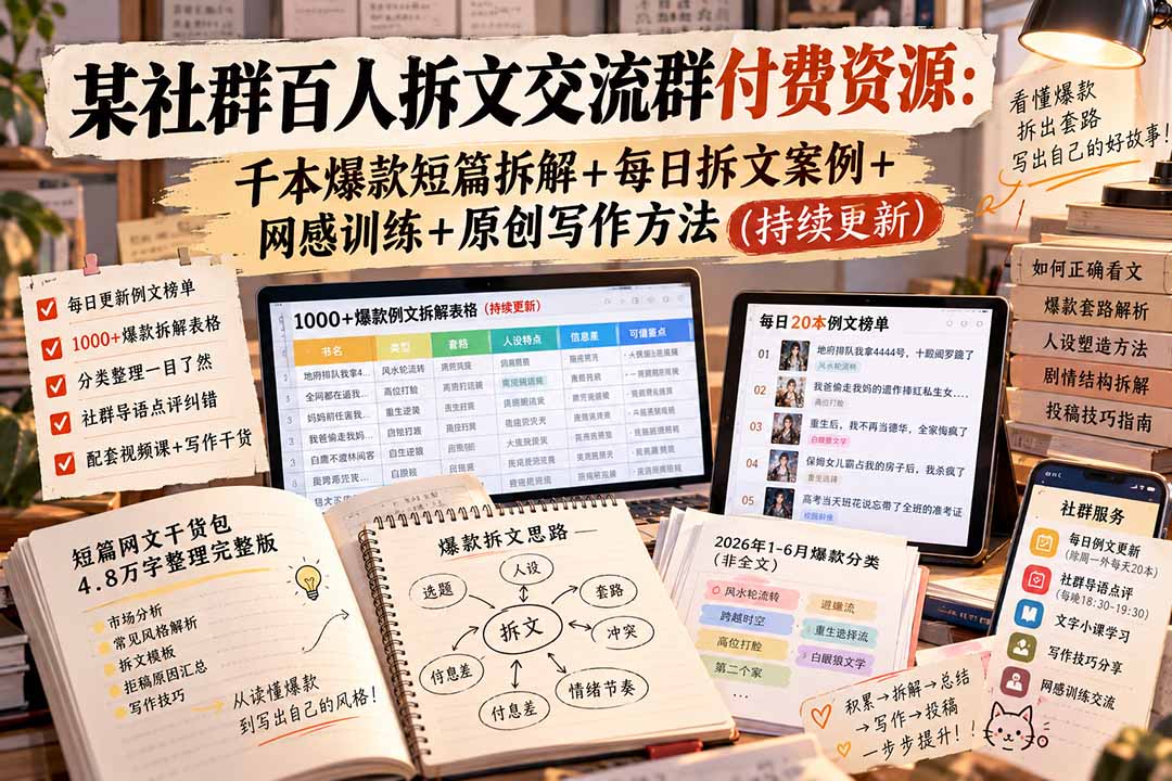 某社群百人拆文交流群付费资源-更新0929：千本爆款短篇拆解+每日拆文案例+网感训练+原创写作方法-HEIXMI（中国站）