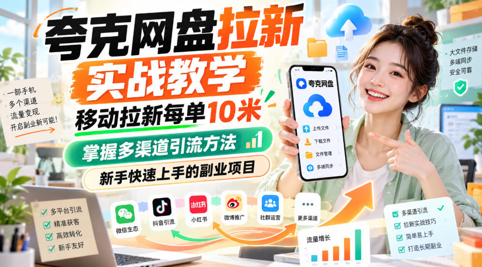 夸克网盘拉新实战教学，移动拉新每单10米，掌握多渠道引流方法，新手快速上手的副业项目(更新0929)-HEIXMI（中国站）