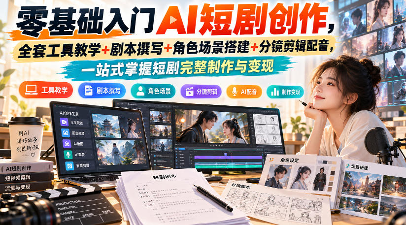 零基础入门AI短剧创作，全套工具教学+剧本撰写+角色场景搭建+分镜剪辑配音，一站式掌握短剧完整制作与变现-HEIXMI（中国站）