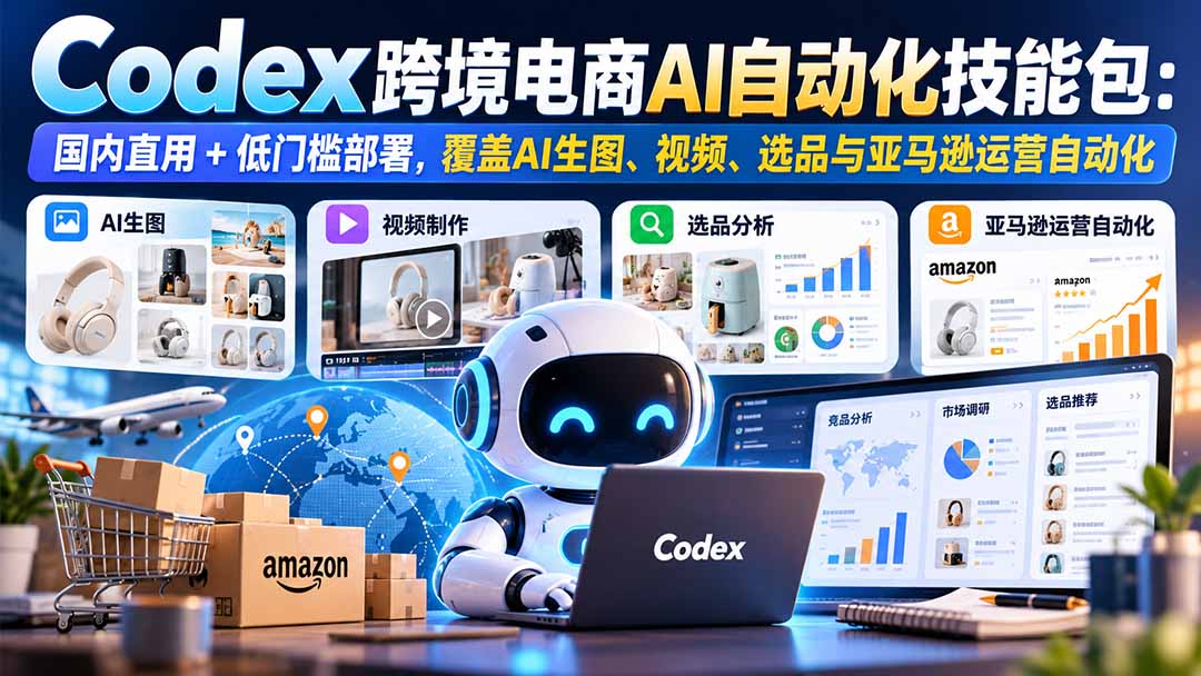 【无水印】Codex跨境电商AI自动化技能包：国内直用+低门槛部署，覆盖AI生图、视频、选品与亚马逊运营自动化-HEIXMI（中国站）